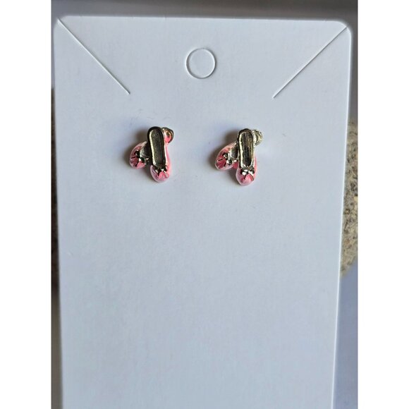 Extra Small Dainty Pink Ballet Slipper Pierced Post Earrings Pink Butterfly Back - Picture 2 of 8